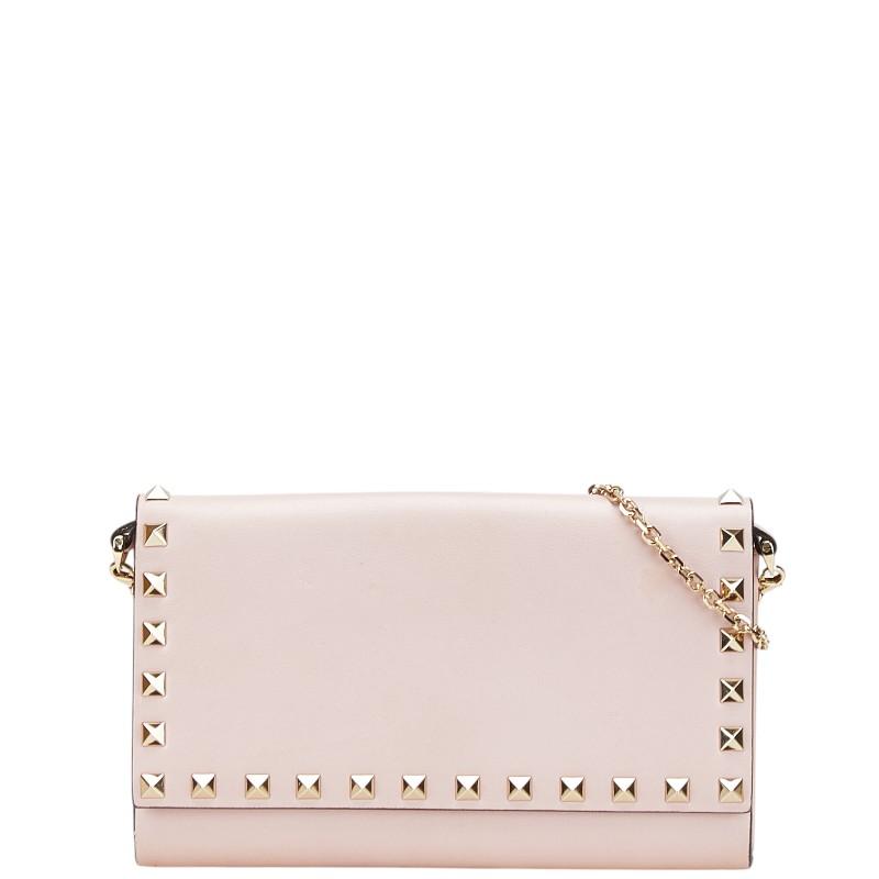 ヴァレンチノ ロックスタッズ チェーンウォレット ショルダーバッグ ピンク レザー レディース Valentino 【中古】 ヴァレンチノ ロックスタッズ チェーンウォレット ショルダーバッグ