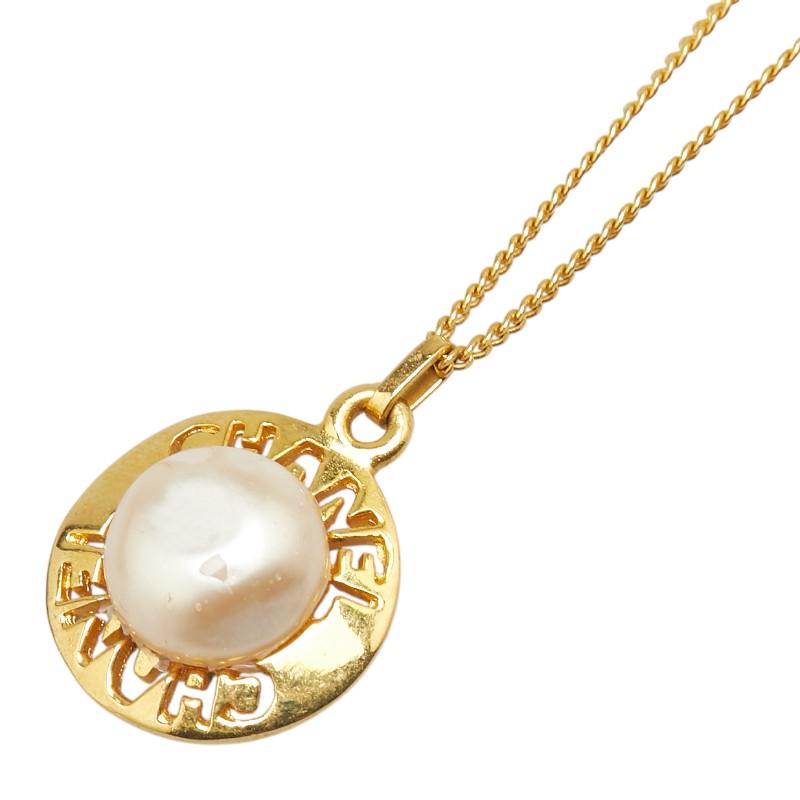 CHANEL シャネル ロゴ ネックレス ゴールド メッキ フェイクパール 
