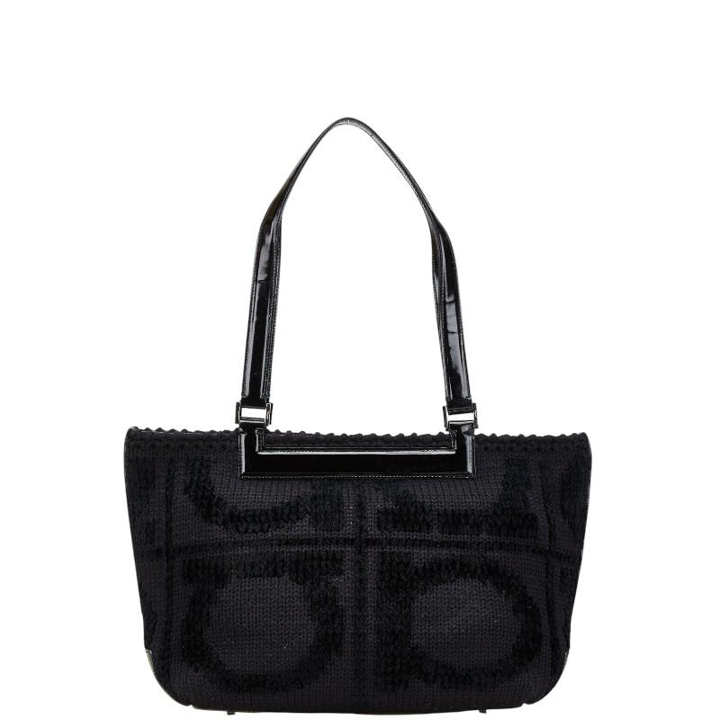 サルヴァトーレフェラガモ ガンチーニ トートバッグ ブラック ウール エナメル レディース Salvatore Ferragamo 【中古】 サルヴァトーレフェラガモ ガンチーニ トートバッグ ブラック ウール