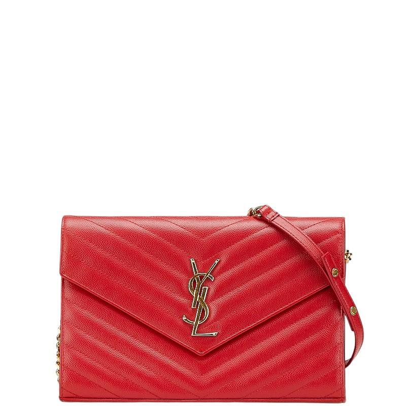 Saint Laurent レッド クラッチバッグ　ウォレットチェーンバッグ ASUS サンローラン YSL Vステッチ チェーンウォレット