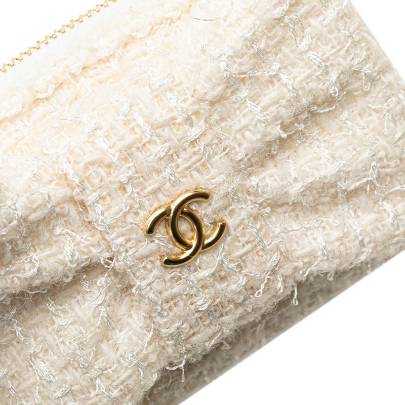 シャネル ココマーク リボン ミニ チェーンウォレット コインケース ホワイト ゴールド ツイード レザー レディース CHANEL 【中古】の画像