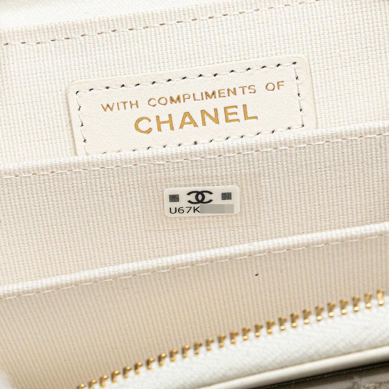 シャネル ココマーク リボン ミニ チェーンウォレット コインケース ホワイト ゴールド ツイード レザー レディース CHANEL 【中古】の画像