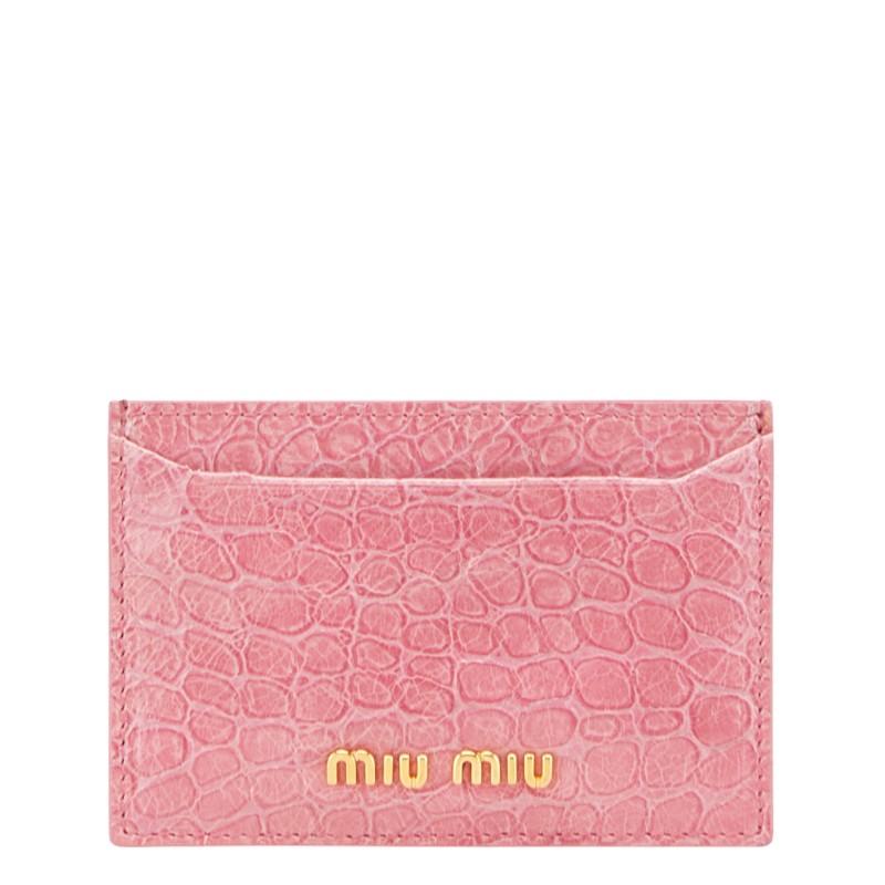 miu miu（ミュウミュウ） クロコ型押し カードケース ピンク レザー