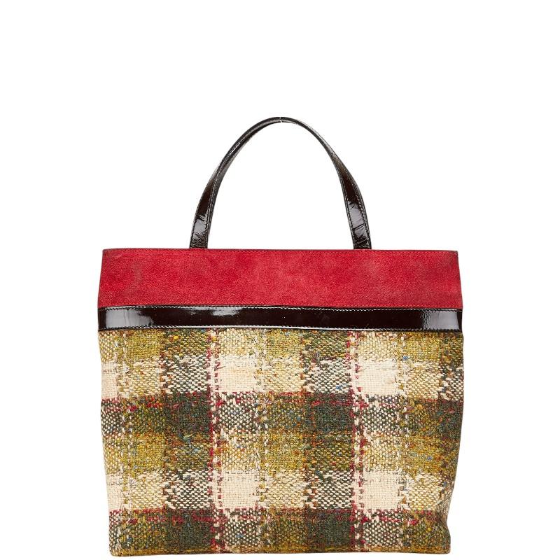 バーバリー チェック ハンドバッグ グリーン レッド ブラック ウール エナメル スエード レディース BURBERRY 【中古】 BURBERRY（バーバリー） チェック ハンドバッグ グリーン レッド