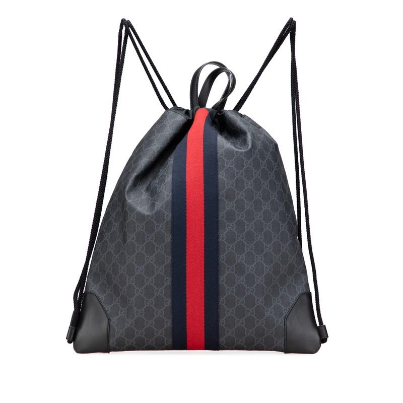 グッチ GGスプリーム シェリーライン ドローストリング リュック バックパック 473872 グレー ブラック PVC レザー GUCCI 【中古】 GUCCI（グッチ） GGスプリーム シェリーライン ドローストリング