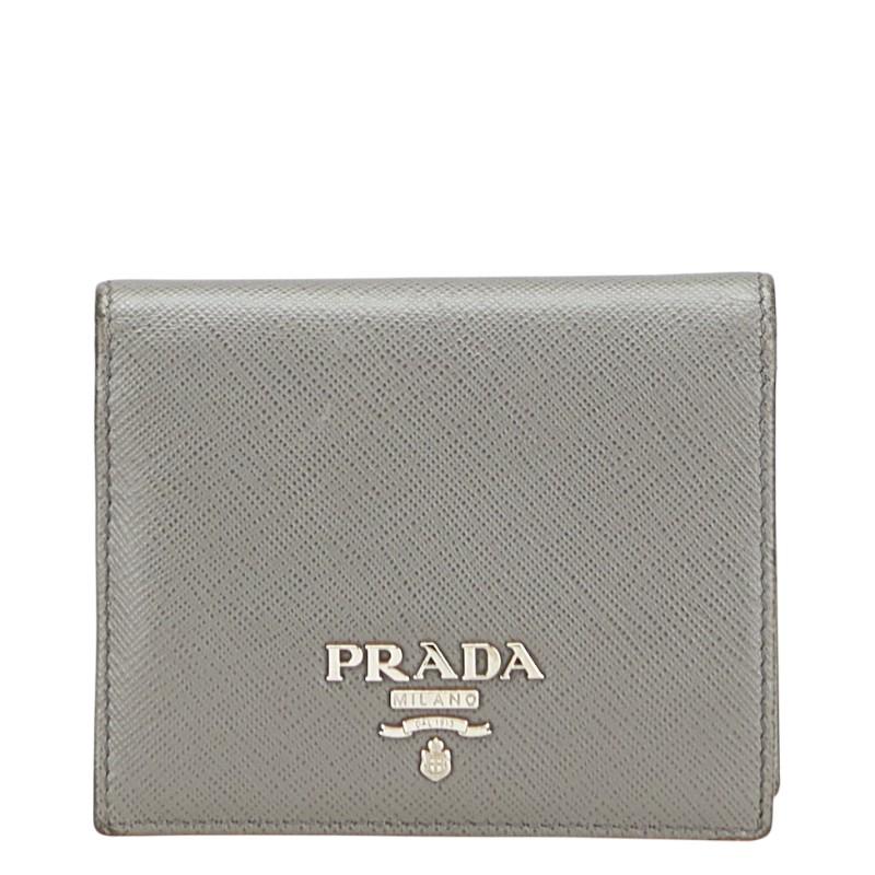【お洒落度UP】PRADA◆レザー ラージ 二つ折り財布 ロゴ PRADA プラダ ロゴ 二つ折り財布 グレー レザー レディース