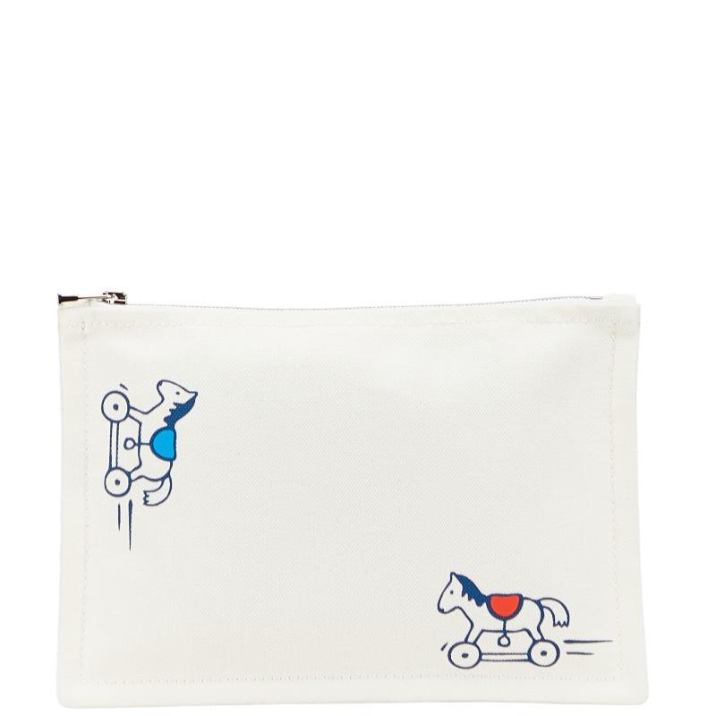 エルメス アダダ 木馬 トゥルースフラット ポーチ ホワイト コットン レディース HERMES 【中古】 HERMES（エルメス） アダダ 木馬 トゥルースフラット ポーチ ホワイト