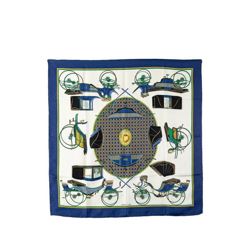 ヴィンテージ エルメススカーフ カレ 折りたたみ式幌馬車 ブルー