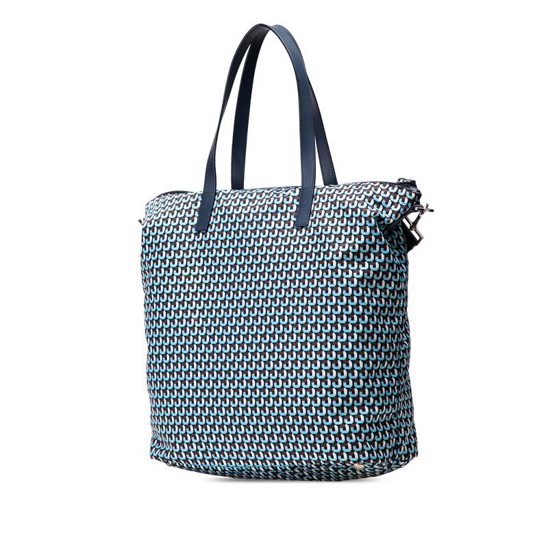 プラダ 総柄 三角ロゴプレート トートバッグ ショルダーバッグ 2WAY 1BG696 ネイビー ブルー ブラウン ナイロン レザー PRADA 【中古】 PRADA（プラダ） 総柄 三角ロゴプレート トートバッグ ショルダー
