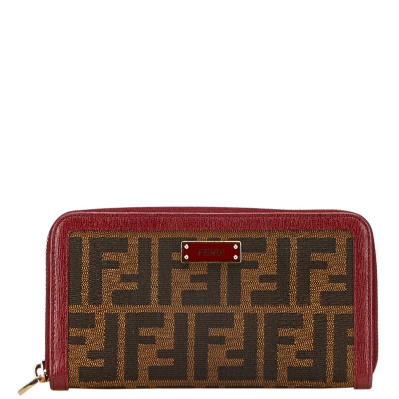 フェンディ ズッカ 長財布 ラウンドファスナー 8M0024 ブラウン ワインレッド キャンバス レザー レディース FENDI 【中古】 FENDI（フェンディ） ズッカ 長財布 ラウンドファスナー 8M0024