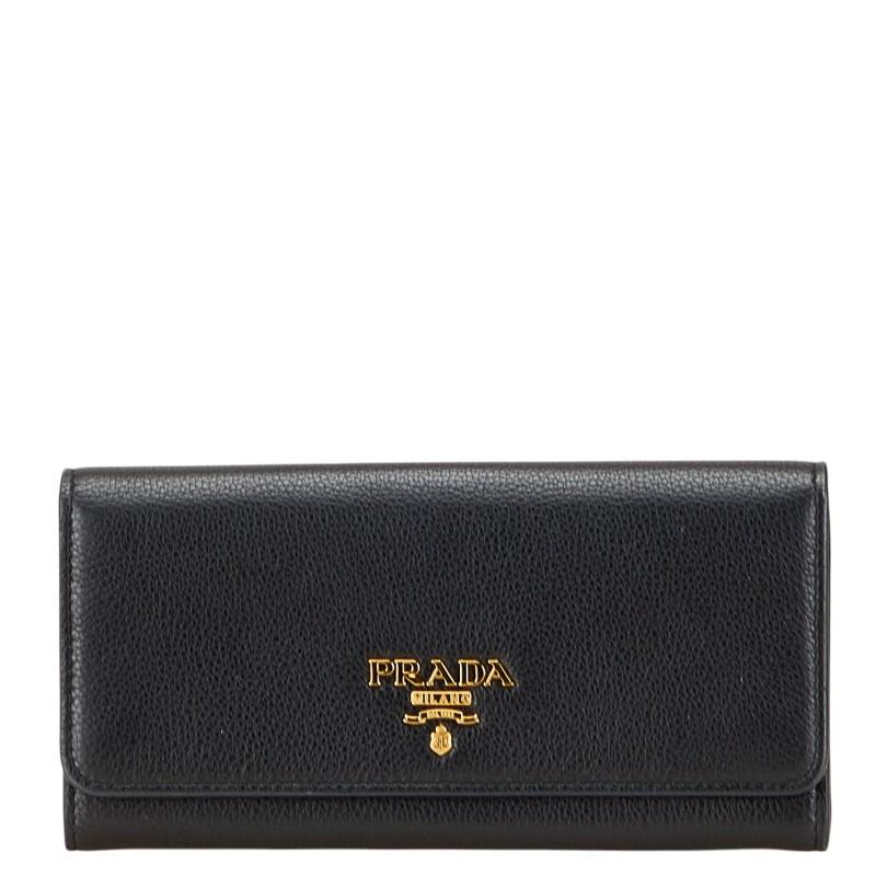 け*中様 PRADA ブラックレザー 長財布 PRADA プラダ 長財布 ブラック レザー レディース 【中古