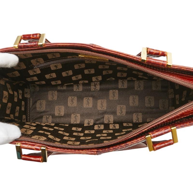 サンローラン クロコ型押し パッチワーク ハンドバッグ ブラウン