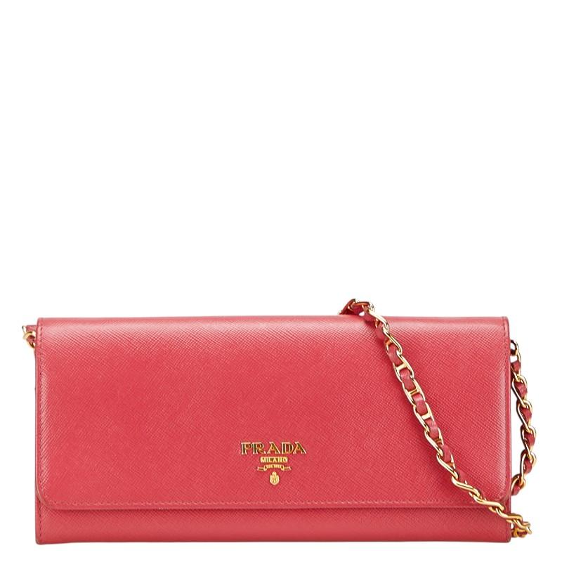 PRADA プラダ ロゴ チェーンウォレット 長財布 ピンク レザー  
