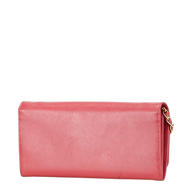 プラダ ロゴ チェーンウォレット 長財布 ピンク レザー