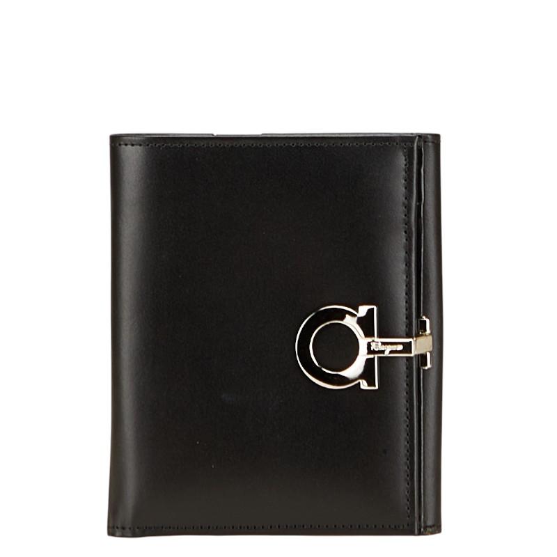 未使用品　Salvatore Ferragamo 折り財布　ガンチーニ　ブラック フェラガモガンチーニ 両面財布 黒 ゴールド金具 レディース