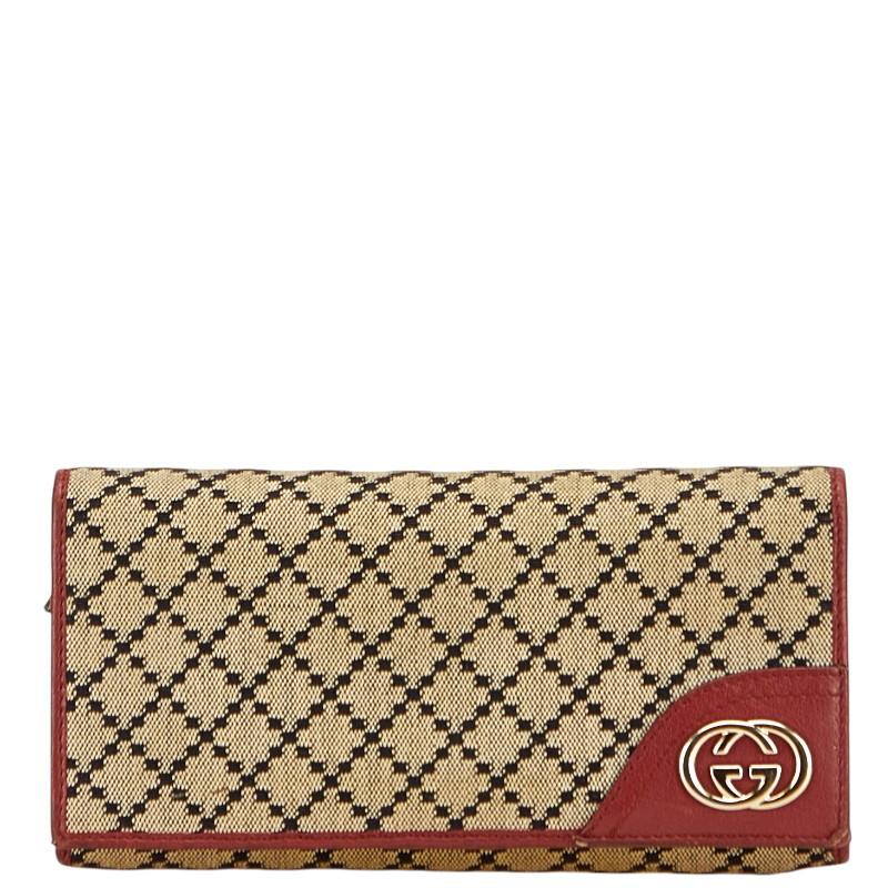 グッチ ディアマンテ インターロッキング 長財布 204836 ベージュ レッド キャンバス レザー レディース GUCCI 【中古】 GUCCI（グッチ） ディアマンテ インターロッキング 長財布 204836