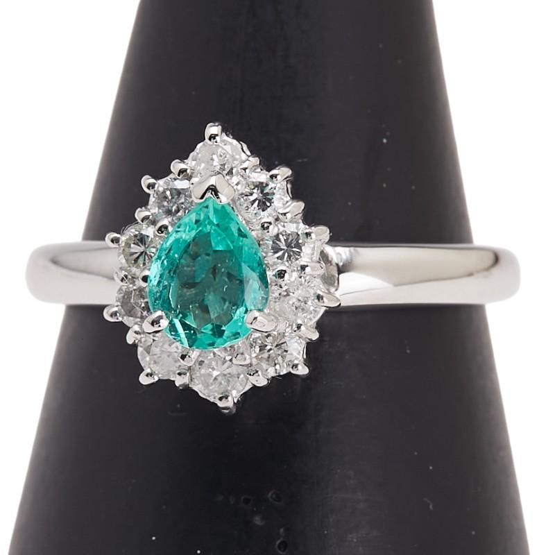 Pt900 プラチナ エメラルド0.38ct ダイヤ0.35ct ティアドロップ  