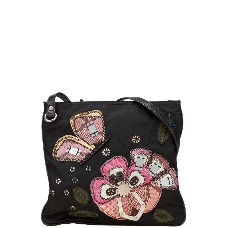 プラダ 三角ロゴプレート フラワー刺繍 斜め掛け ショルダーバッグ ポシェット ブラック マルチカラー ナイロン パイソン PRADA 【中古】 PRADA（プラダ） 三角ロゴプレート フラワー刺繍 斜め掛け ショルダー