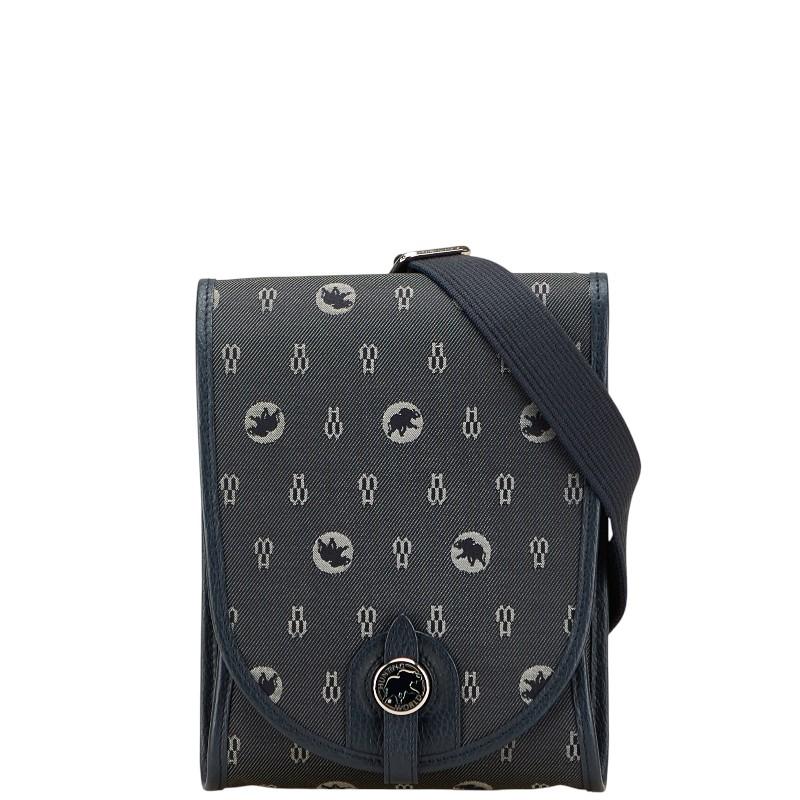 ハンティングワールド ロゴ ショルダーバッグ ネイビー キャンバス レザー レディース HUNTING WORLD 【中古】 ハンティングワールド ロゴ ショルダーバッグ ネイビー キャンバス