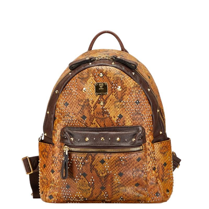 エム シー エム ヴィセトス ロゴグラム スタッズ  パイソン リュック バックパック ブラウン PVC レザー レディース MCM 【中古】 MCM（エムシーエム） エム シー エム ヴィセトス ロゴグラム スタッズ