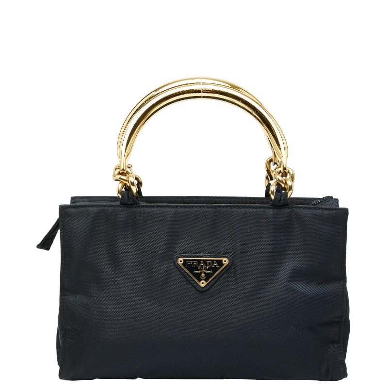 美品 PRADA プラダ 三角プレート ハンドバッグ ゴールド PRADA（プラダ） 三角ロゴプレート ハンドバッグ ネイビー ゴールド