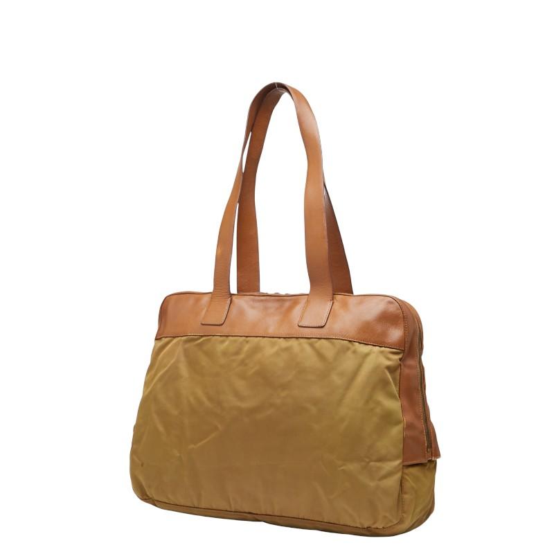 プラダ 三角ロゴプレート ハンドバッグ ベージュ ブラウン ナイロン レザー レディース PRADA 【中古】 PRADA（プラダ） 三角ロゴプレート ハンドバッグ ベージュ ブラウン