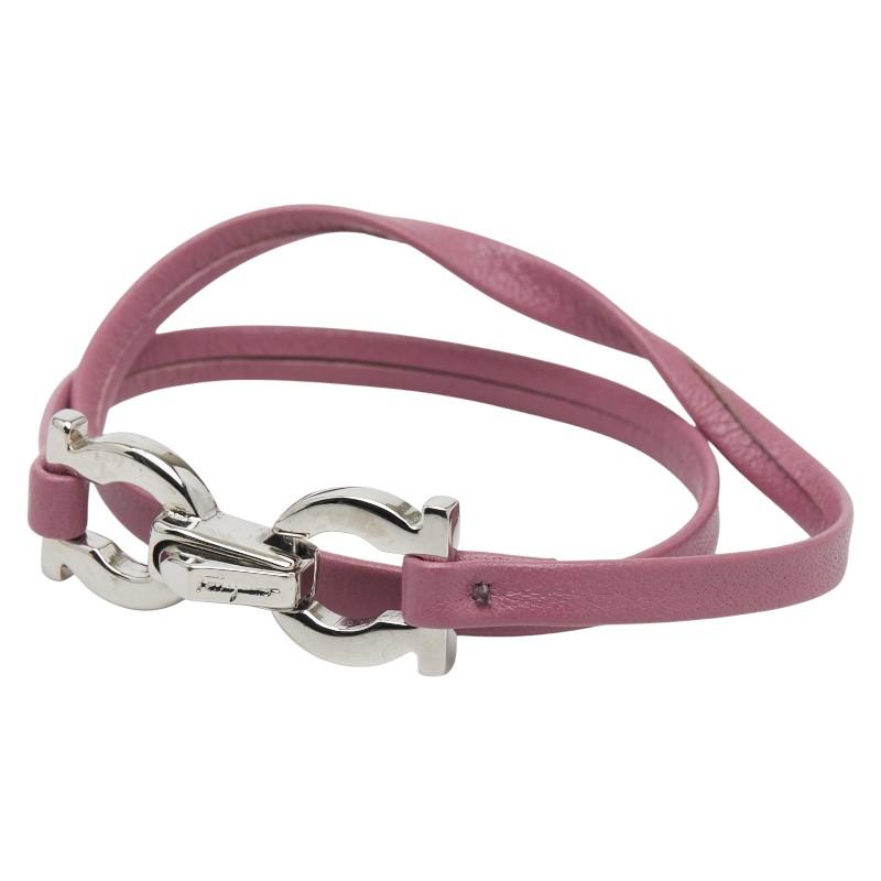 サルヴァトーレフェラガモ ガンチーニ ブレスレット シルバー ピンク メタル レザー レディース Salvatore Ferragamo 【中古】 サルヴァトーレフェラガモ ガンチーニ ブレスレット シルバー ピンク