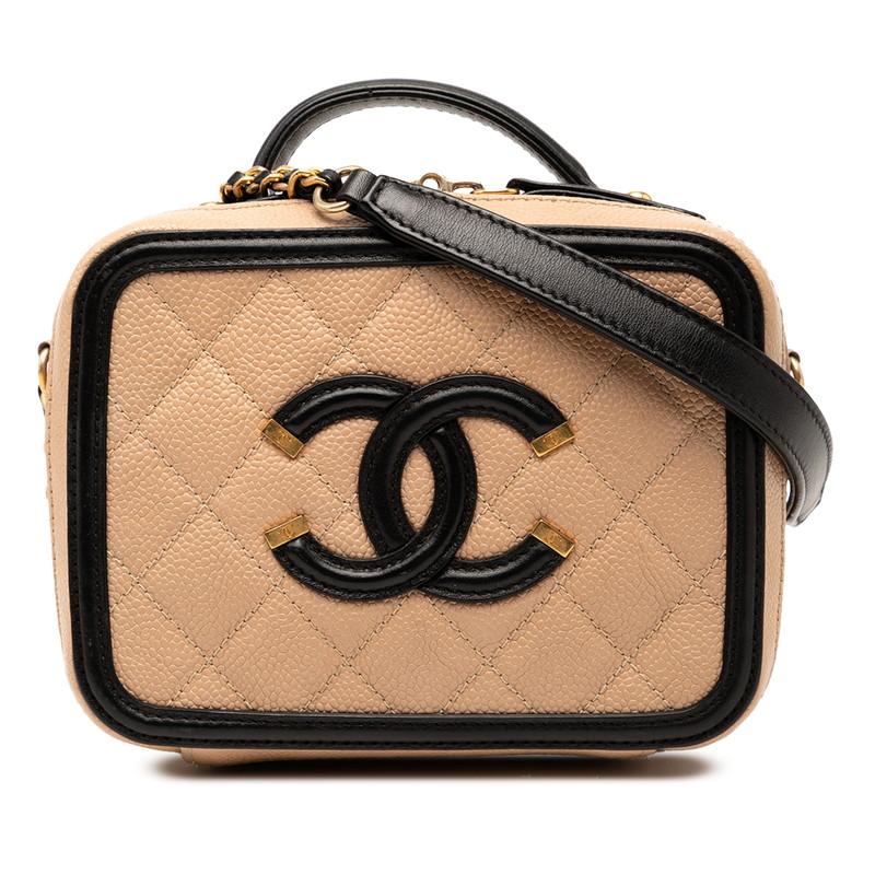 シャネル ココマーク マトラッセ CCフィリグリー チェーン ショルダーバッグ ベージュ ブラック キャビアスキン CHANEL 【中古】 CHANEL（シャネル） ココマーク マトラッセ CCフィリグリー チェーン