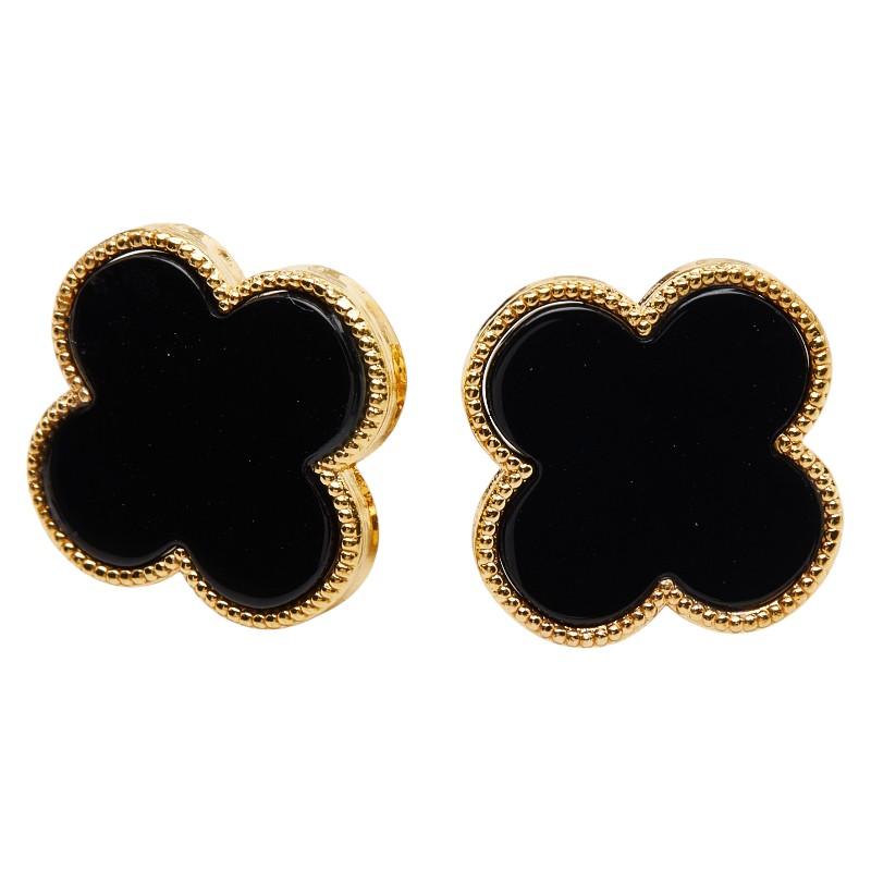 K18YG イエローゴールド オニキス クローバー スタッドピアス