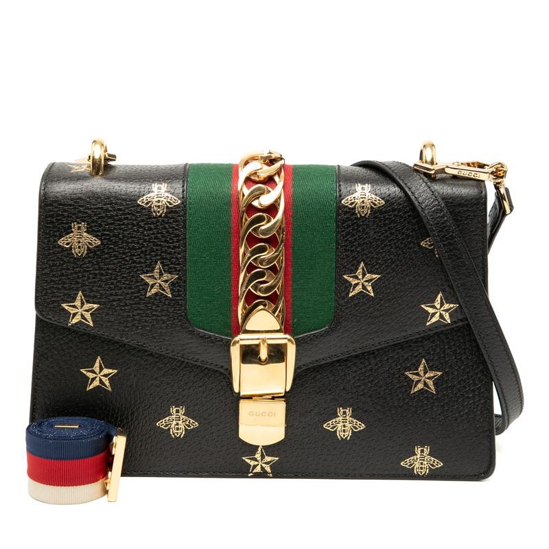 グッチ シルヴィ ビー&スター ショルダーバッグ 524405 ブラック レザー レディース GUCCI 【中古】 GUCCI（グッチ） シルヴィ ビー&スター ショルダーバッグ 524405