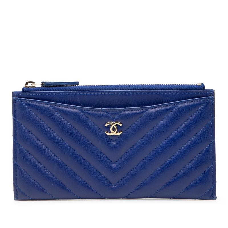 シャネル ココマーク シェブロン Vステッチ ポーチ ブルー ラムスキン レディース CHANEL 【中古】 CHANEL（シャネル） ココマーク シェブロン Vステッチ ポーチ ブルー