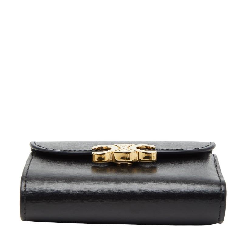 セリーヌ黒レザー三つ折り財布 ゴールドロゴトリオンフ 美品】CELINE トリオンフ 入れ付き三つ折り財布 ブラック CELINE [新品