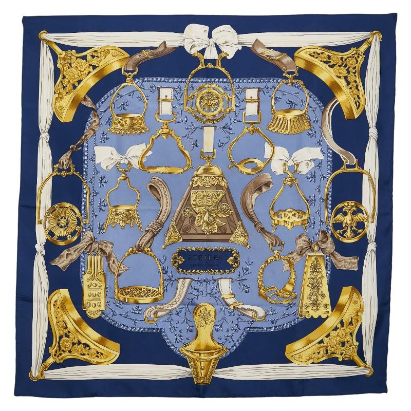 HERMES（エルメス） カレ90 ETRIERS 鐙柄 馬具柄 スカーフ ネイビー