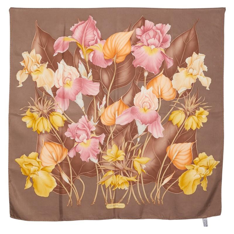 Salvatore Ferragamo シルクスカーフ 花柄 サルヴァトーレフェラガモ フラワー 花柄 スカーフ ブラウン マルチ