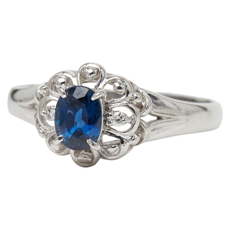 Pt900 プラチナ サファイア0.59ct ダイヤ0.02ct フラワーモチーフ リング 指輪 レディース 15号 中古_1
