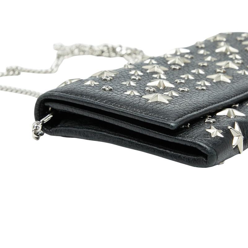 本物 ジミーチュウ JIMMY CHOO スタースタッズ チェーン ショルダーウォレット 長財布 ポシェット レザー グレー 財布 ウォレット 中古・ ジミーチュウ JIMMY CHOO 長財布 チェーンウォレット ショルダー