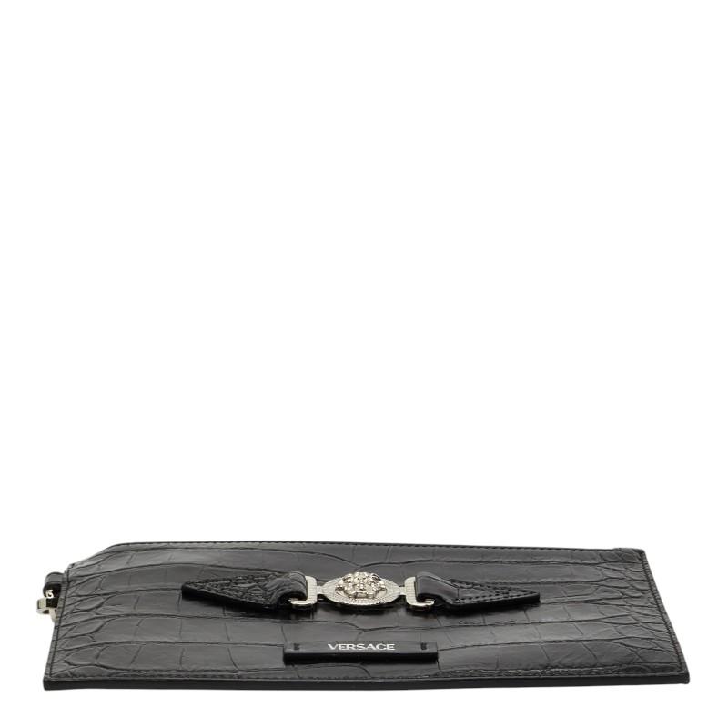 ヴェルサーチェ メドゥーサ ビギー クロコ型押し ロゴ クラッチバッグ ブラック レザー メンズ VERSACE 【中古】_2