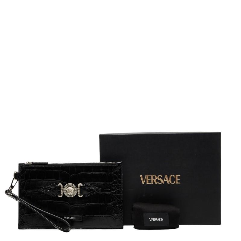 ヴェルサーチェ メドゥーサ ビギー クロコ型押し ロゴ クラッチバッグ ブラック レザー メンズ VERSACE 【中古】_8