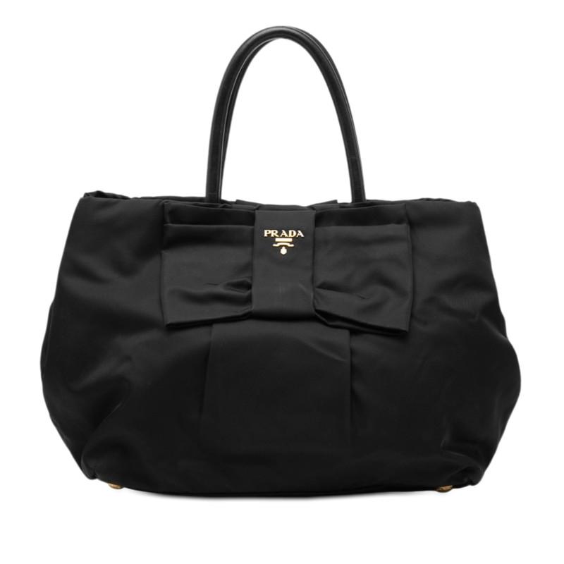 PRADA（プラダ） リボン ハンドバッグ ブラック ナイロン レザー