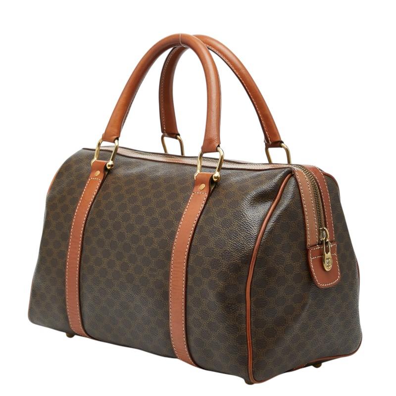 【美品】CELINE マカダム ミニボストン ハンドバッグ レザー ブラウン CELINE（セリーヌ） マカダム ミニ ボストンバッグ ブラウン PVC