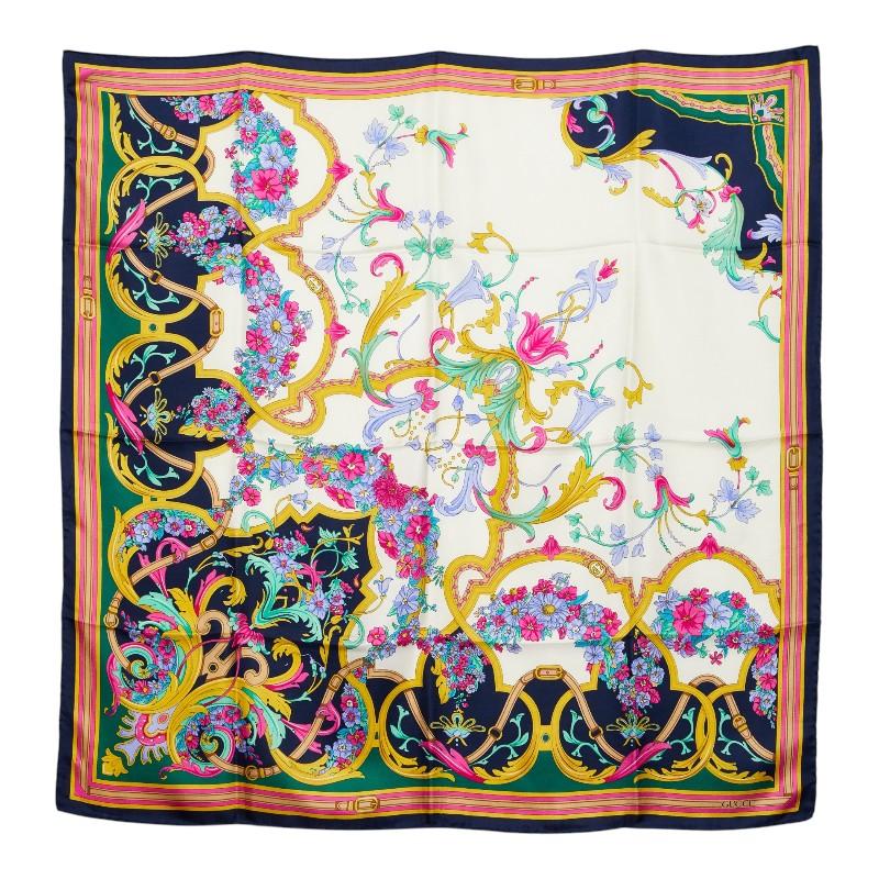 GUCCI（グッチ） フローラル スカーフ 大判 ネイビー マルチカラー