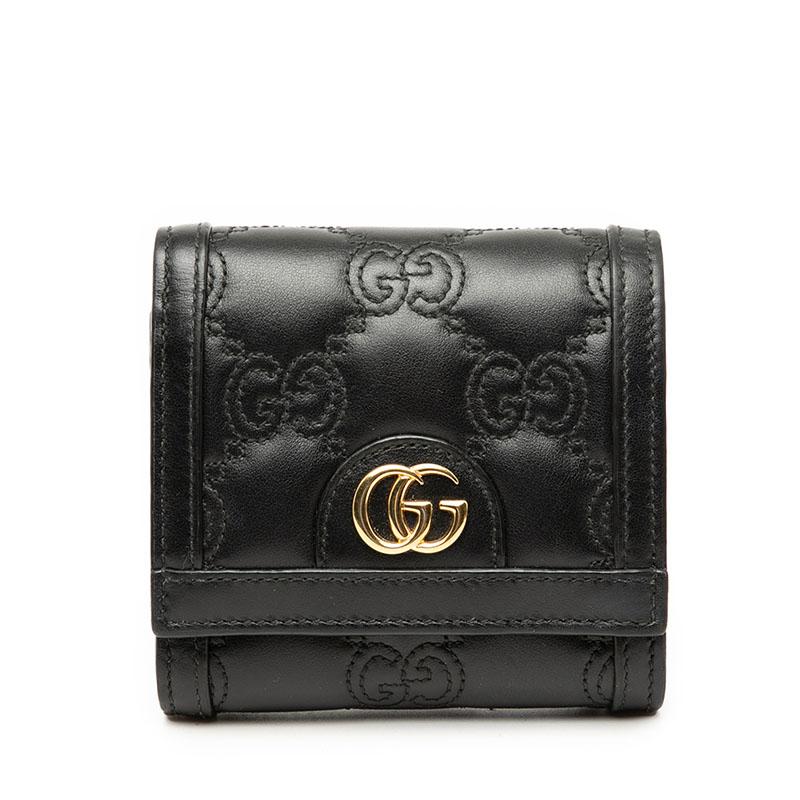 【1777-8】 グッチ マトラッセ　GG 折り財布 レザー　黒 GUCCI（グッチ） GGマトラッセ GGロゴ 二つ折り財布 723799 ブラック