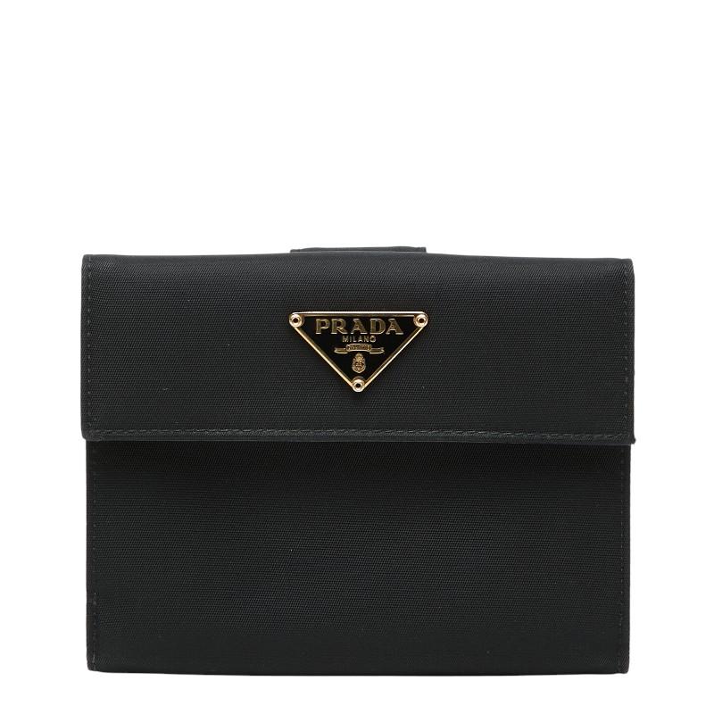 【美品】PRADA 二つ折り財布 レザー×ナイロン 三角ロゴ プレート ブラック PRADA（プラダ） 三角ロゴプレート 二つ折り財布 ブラック ナイロン