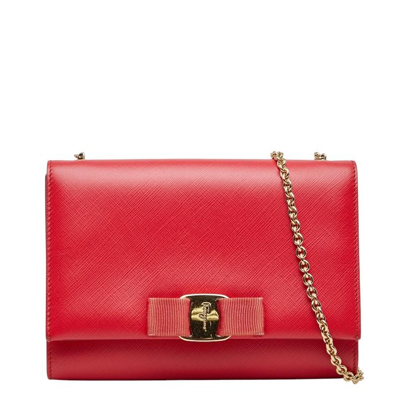 【美品】Salvatore Ferragamo ヴァラ フリンジ 赤 サルヴァトーレフェラガモ ヴァラリボン チェーンショルダーバッグ