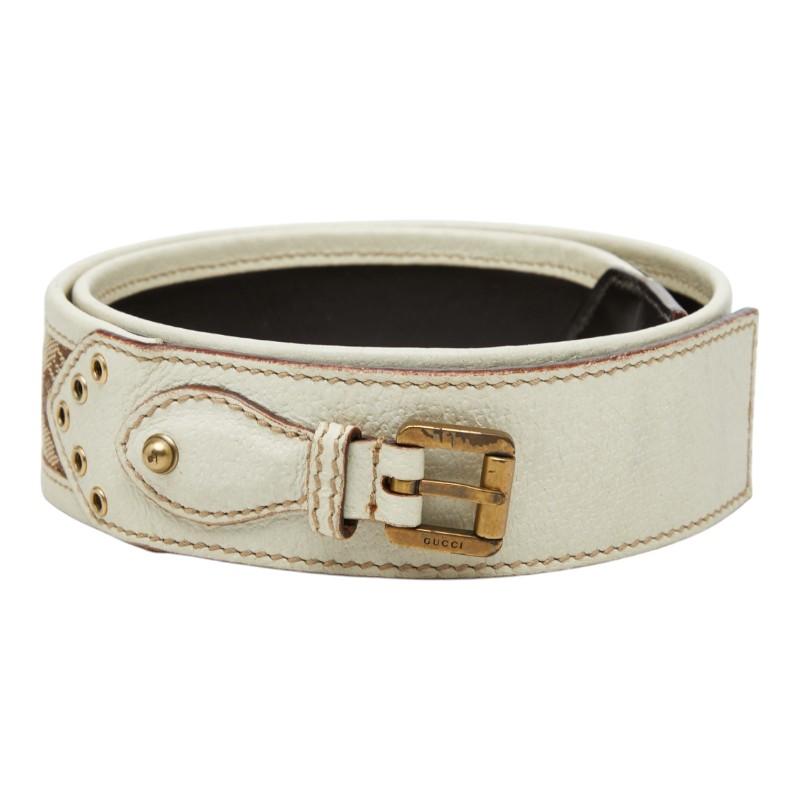 GUCCI GGロゴバックル ベージュレザーベルト 80-32 GUCCI（グッチ） GGキャンバス ベルト サイズ:80/32 144195 ベージュ
