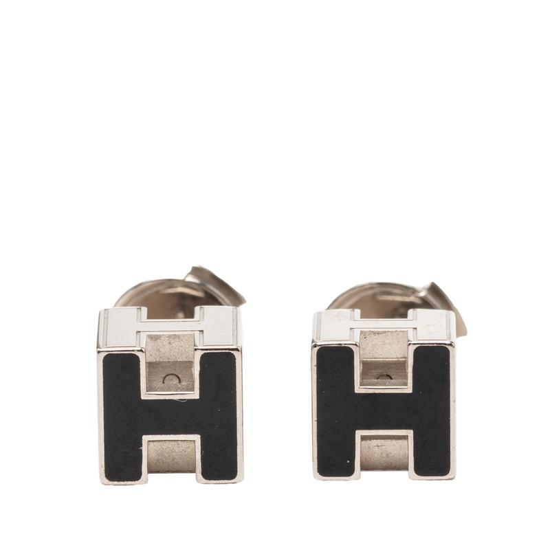 ！美品！　HERMES エルメス　ピアス　ブラック　シルバー　90 HERMES（エルメス） カージュドアッシュ Hキューブ スタッドピアス