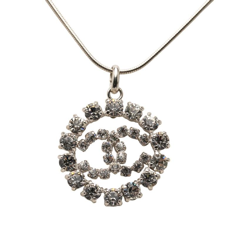 【美品】シャネル ココマーク ネックレス ラインストーン ★保存袋付き CHANEL（シャネル） ココマーク ネックレス シルバー メタル ライン