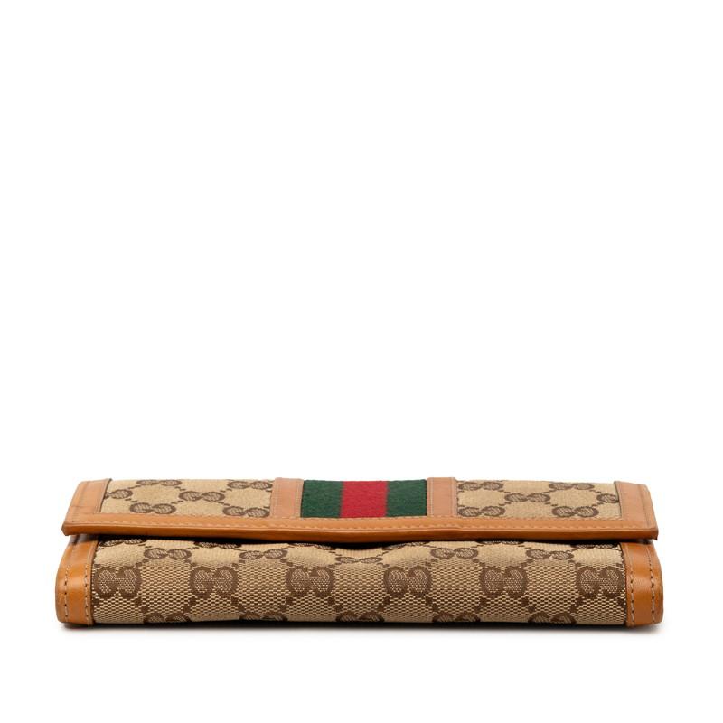 グッチ GGキャンバス レザー シェリーライン 長財布 ブラウン ベージュ GUCCI（グッチ） GGキャンバス シェリーライン 長財布 258038 ブラウン