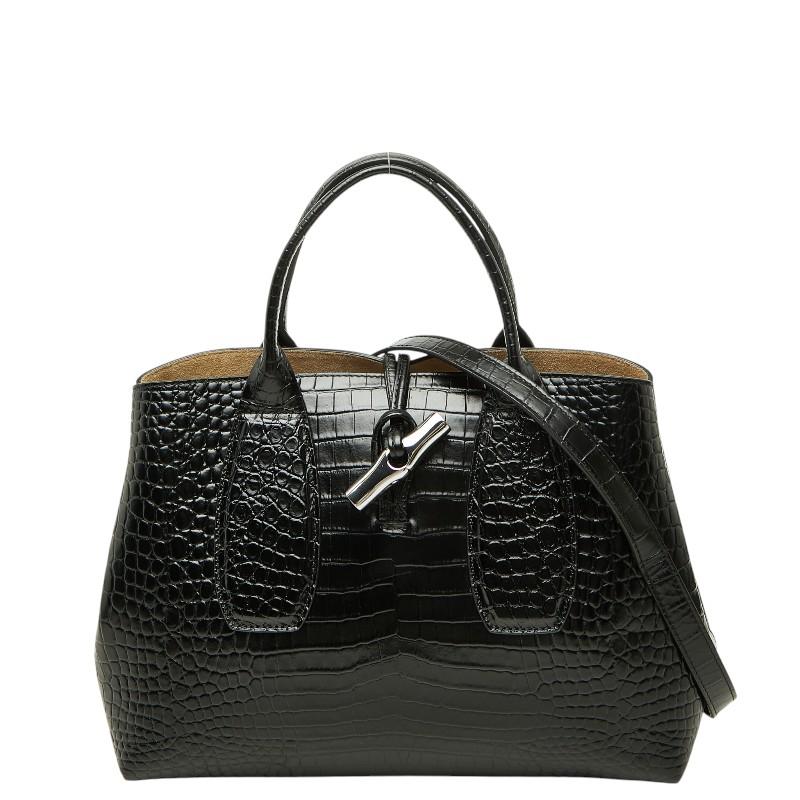 ジョルノ-美品 Longchamp ロンシャン クロコ型押し ハンド ショルダー 