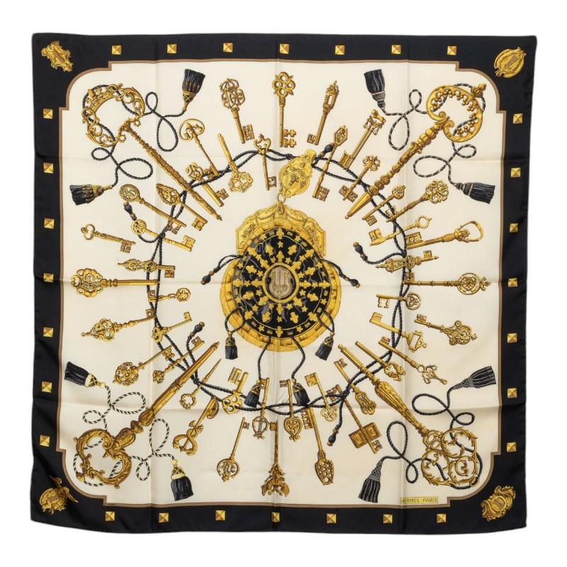 HERMES（エルメス） カレ90 LES CLES 鍵 スカーフ ブラック ホワイト